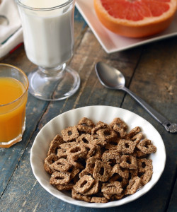 Cereal with milk and juice for breakfast