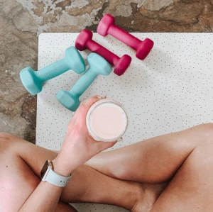 Dumbbells and smoothie for fitness