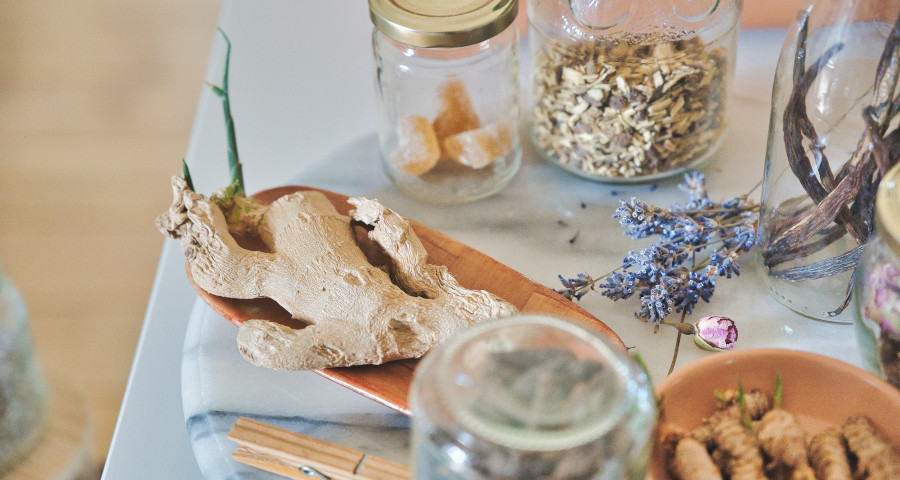 Various herbs on a table